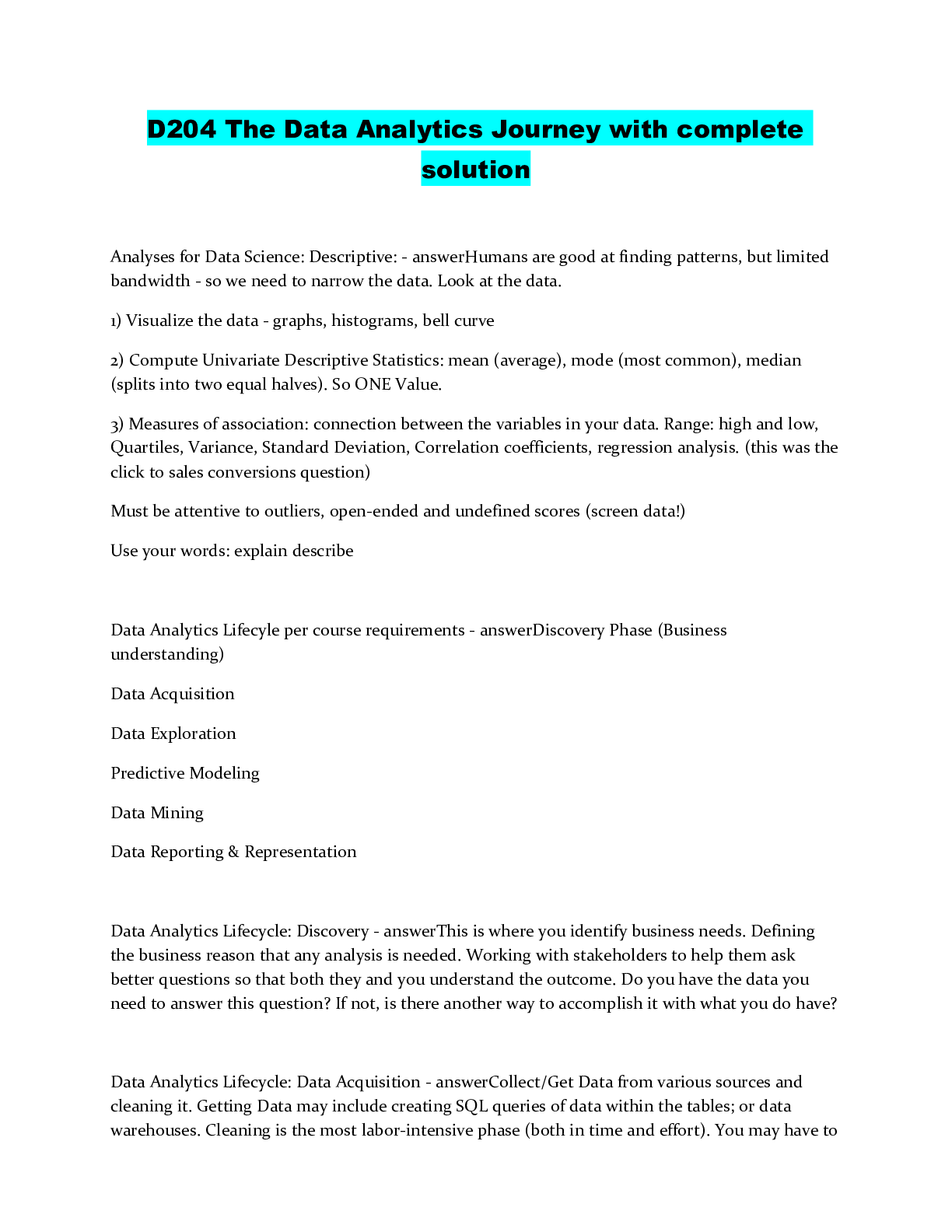 Preview image of D204 The Data Analytics Journey with complete solution document